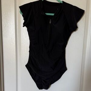 Black Short Sleeve One Piece swimsuit